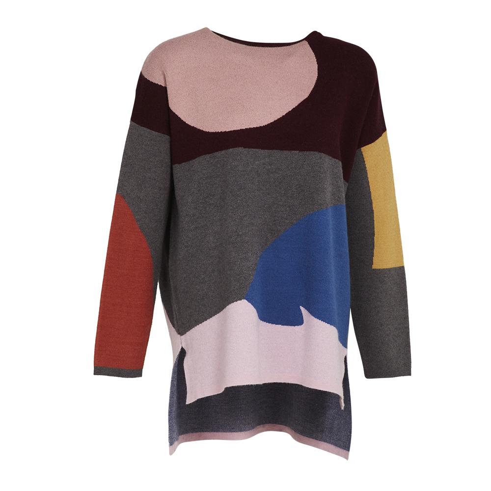 CREW NECK OVERSIZED KNITTED SWEATER WITH COLOUR BLOCKING DESIGN|,|