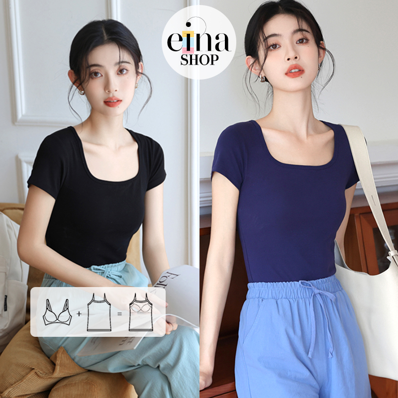 Einashop x Regine Bra Padded Square Neck T-shirt Top SG Ship|,|