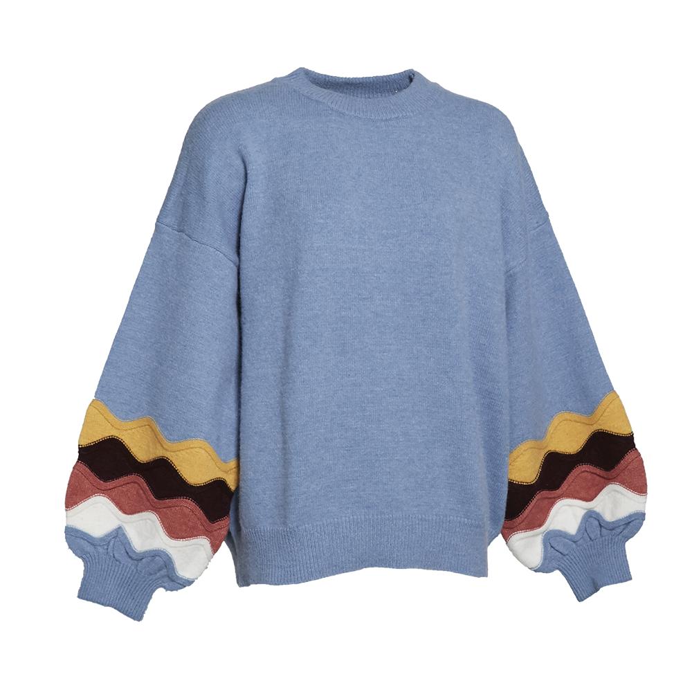 Crew Neck Oversized Knitted Sweater With Wavy Pattern Sleeves|,|