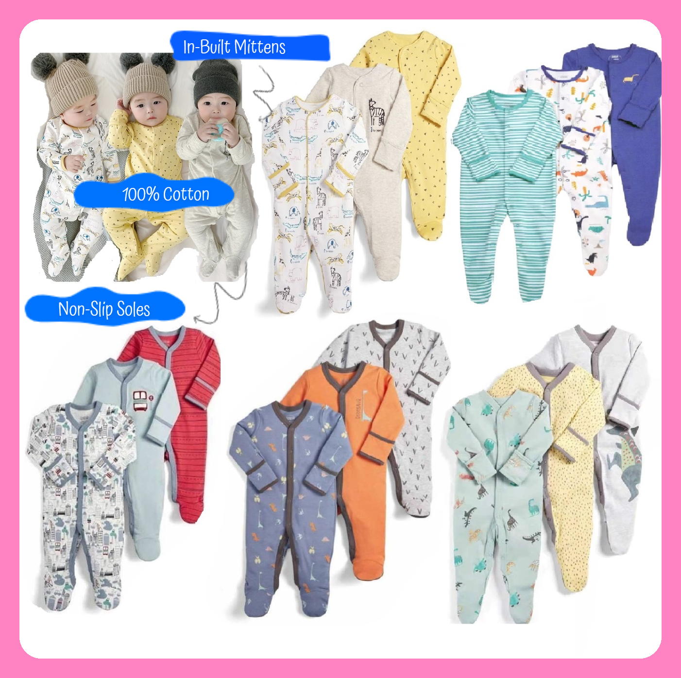 [SG Ready Stock] Newborn Baby Infant Boys 3 Pack Footed Sleepsuits Bodysuits Rompers Onesies 0-12M [Little Gems] MPB002 Bundle|,|