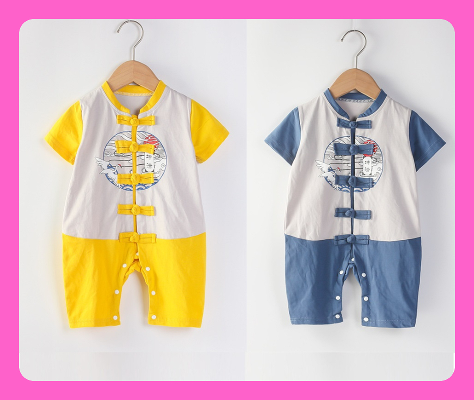 [SG Ready Stock] CSRB050 Baby Toddler Boy Chinese CNY Traditional Romper Jumpsuit Onesie Crane Yellow Blue [Little Gems]|,|