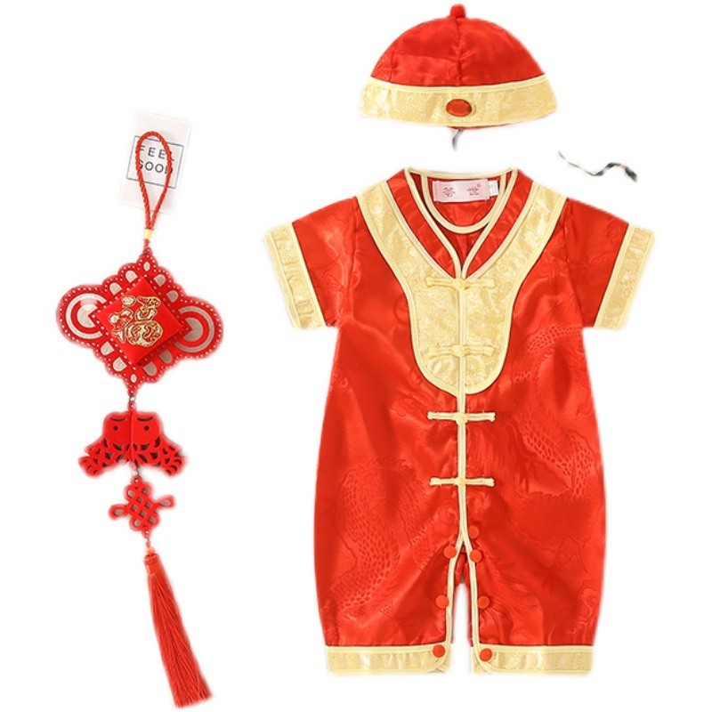 [SG Ready Stock] CSR025 Baby Boys CNY Chinese Brocade Romper Red with  Cap Blue [Little Gems]|,|