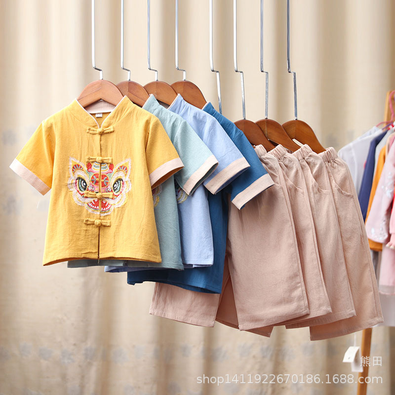 [SG Ready Stock] TZ058 Toddler Boys Traditional Mandarin Embroidered Kungfu Lion CNY Chinese Top &amp; Pants Set [Little Gems SG] Sz 90-130 Red Sage Blue|,|