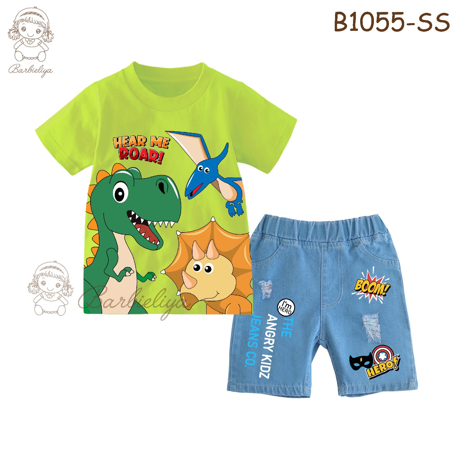 [SG LOCAL SELLER] Barbieliya Boys 2pc Set, T-Shirt and Denim Jeans - Dinosaur / Dino  (3-8y) In Stock|,|