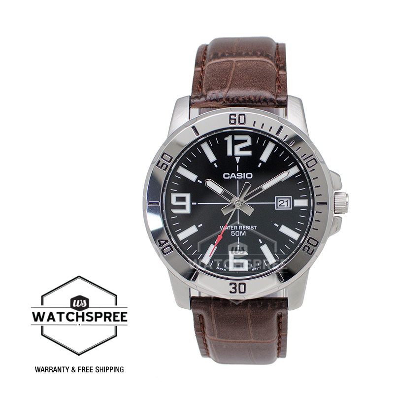 [Watchspree] Casio Men&#x27;s Diver Look Dark Brown Leather Strap Watch MTPVD01L-1B MTP-VD01L-1B|,|