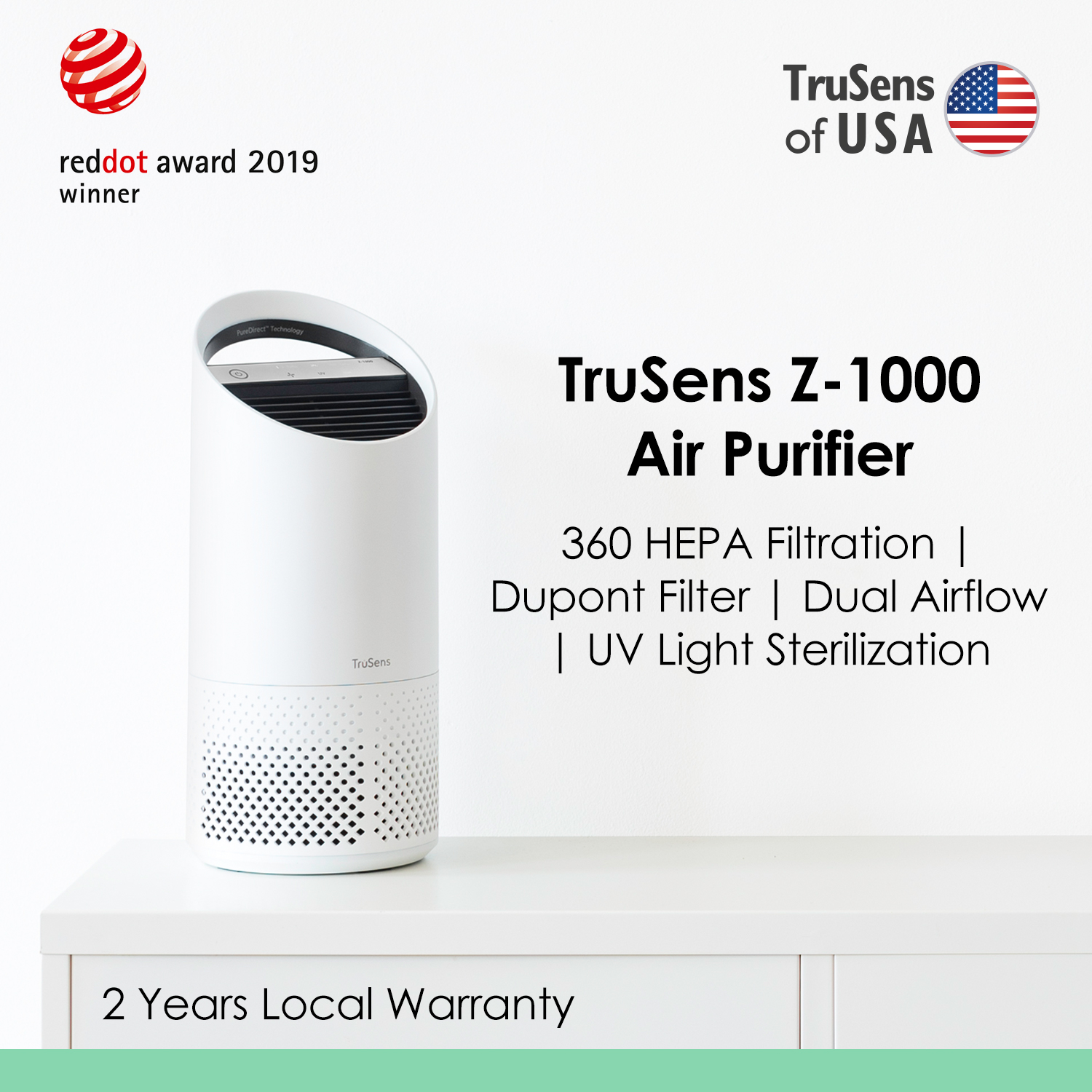 TruSens Z-1000 Air Purifier - Local Warranty - 360 HEPA Filtration with Dupont Filter - UV-C Light Sterilization Kills Bacteria Germs Odour Allergens in Home - Dual Airflow for Full Coverage (Small)|,